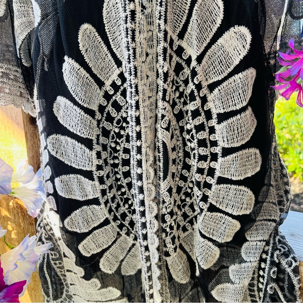 Ember Black Net W Ivory Embroidered Design Sheer Open Front Kimono Cardigan View 6